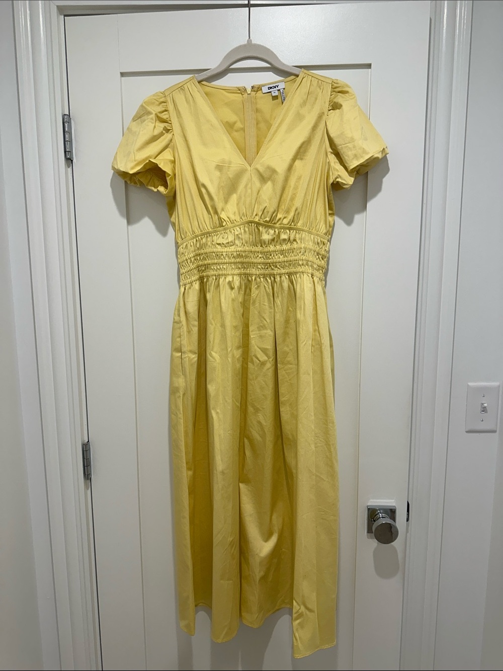 DKNY Yellow V-Neck Smocked-Waist Midi Dress